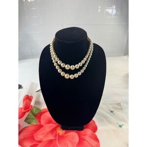 Vintage Japan Double Strand Graduated Faux Pearl Necklace Cream Silver Tone Hook
